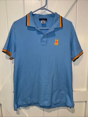 Psycho Bunny Men’s Blue Polo Shirt Neon Trim Embroidered Logo Size Small